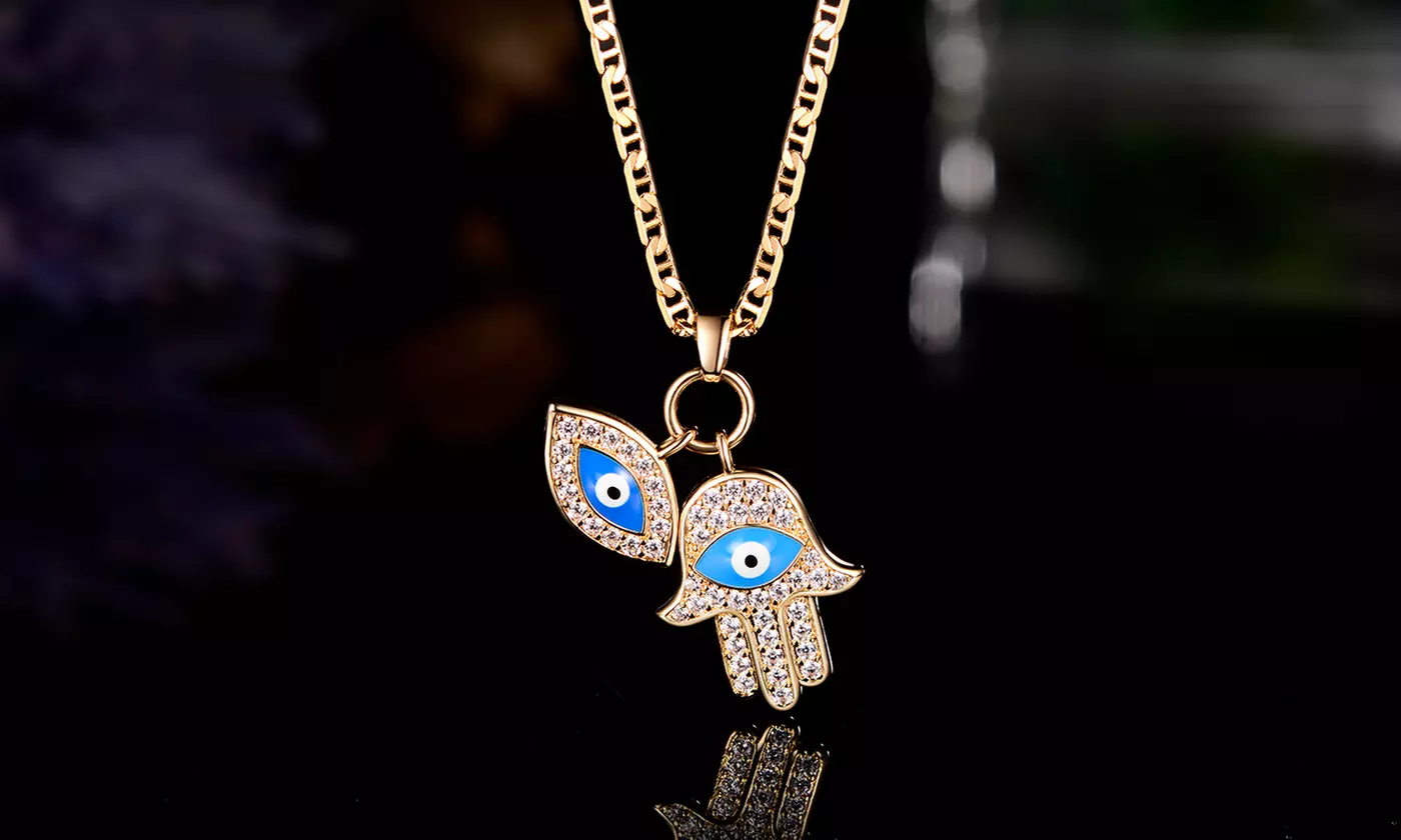 18K Gold Plated Crystal Evil Eye Hamsa Pendant Necklace - Primary Image