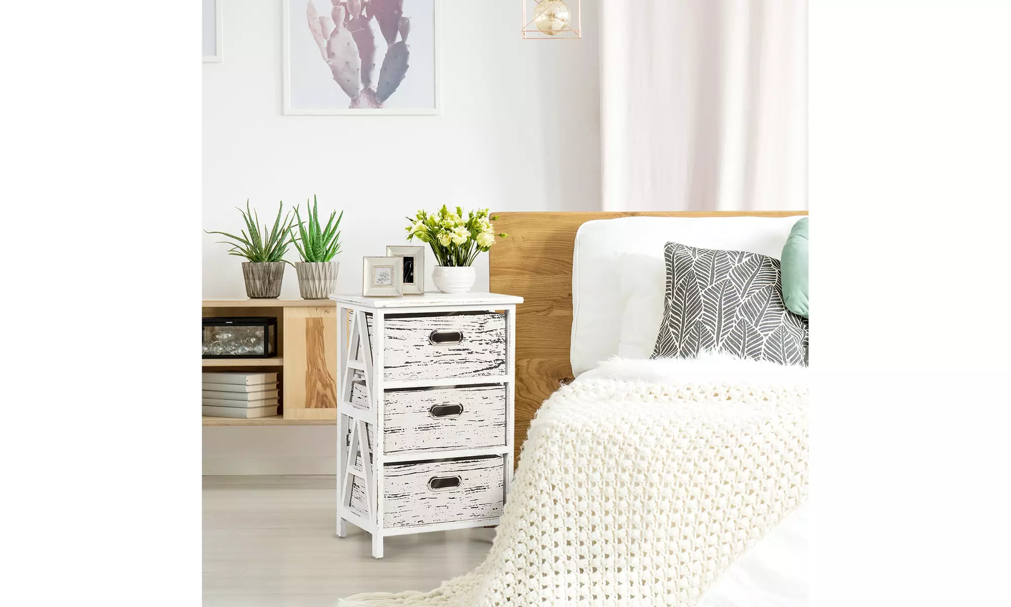 Chest w/3 Fabric Drawers Vintage Wood Frame End Table Side Sofa Table Nightstand - Primary Image