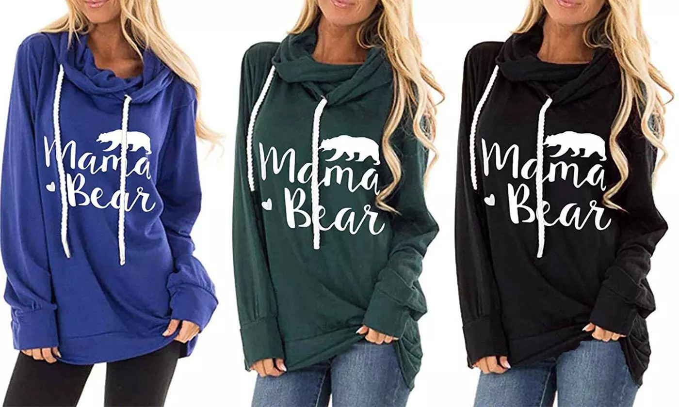 Women Autumn Street Long Sleeve Mama Bear Elbow Patch Hooded Fashion Tunic - Primary Image