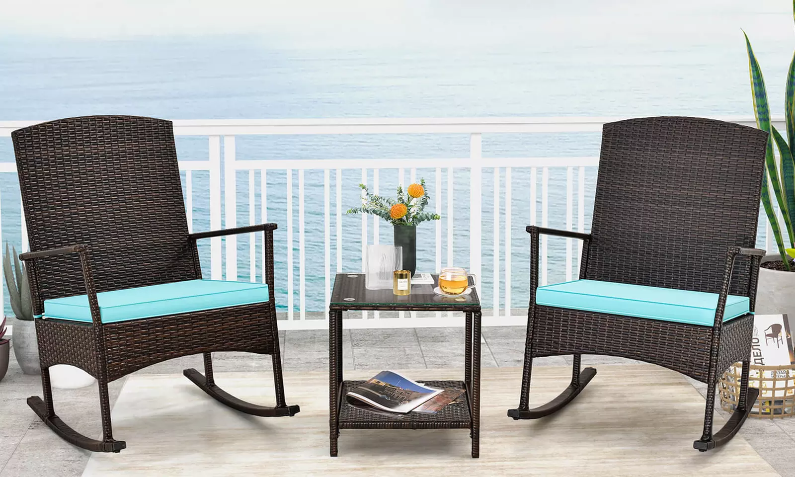 Costway 3 Piece Wicker Patio Set With Rocking Chairs & 2-Tier Coffee Table