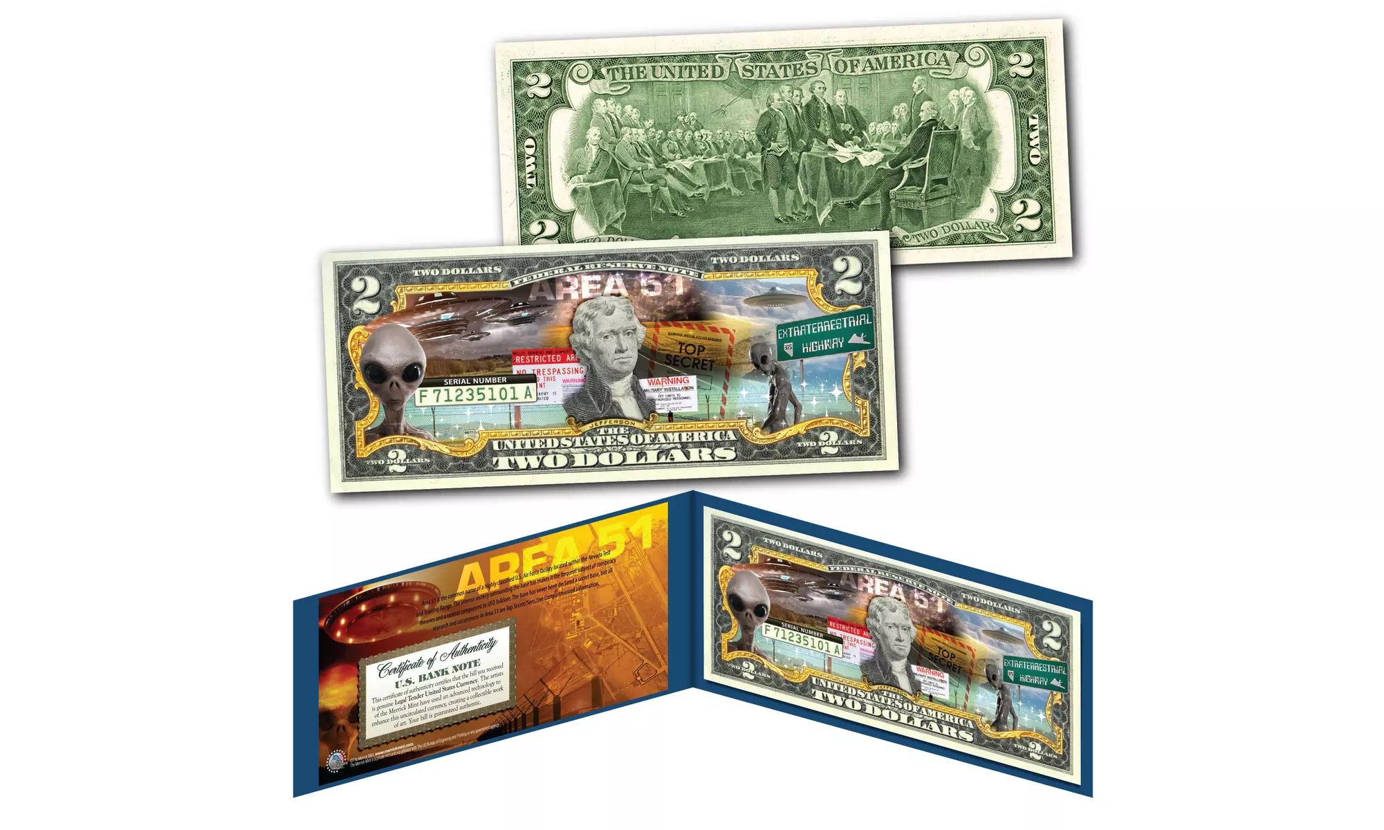 AREA 51 - ALIEN UFO Top Secret Military Extraterrestrial Genuine Two-Dollar Bill - Primary Image