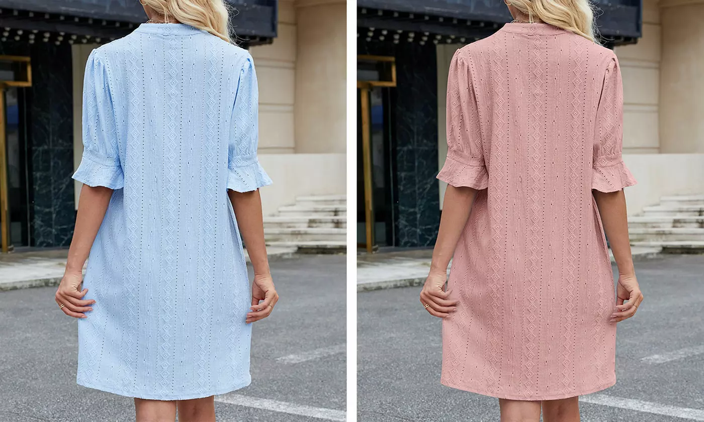 Women's V Neck Ruffled Half Sleeves Shift Dress Flowy Summer Beach Cover Up