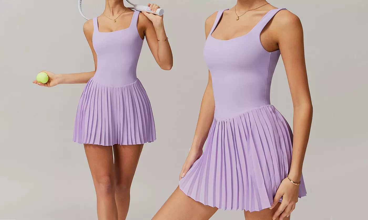 Women Workout Sleeveless Tennis Dress with Pockets Shorts Athletic Mini Dresses