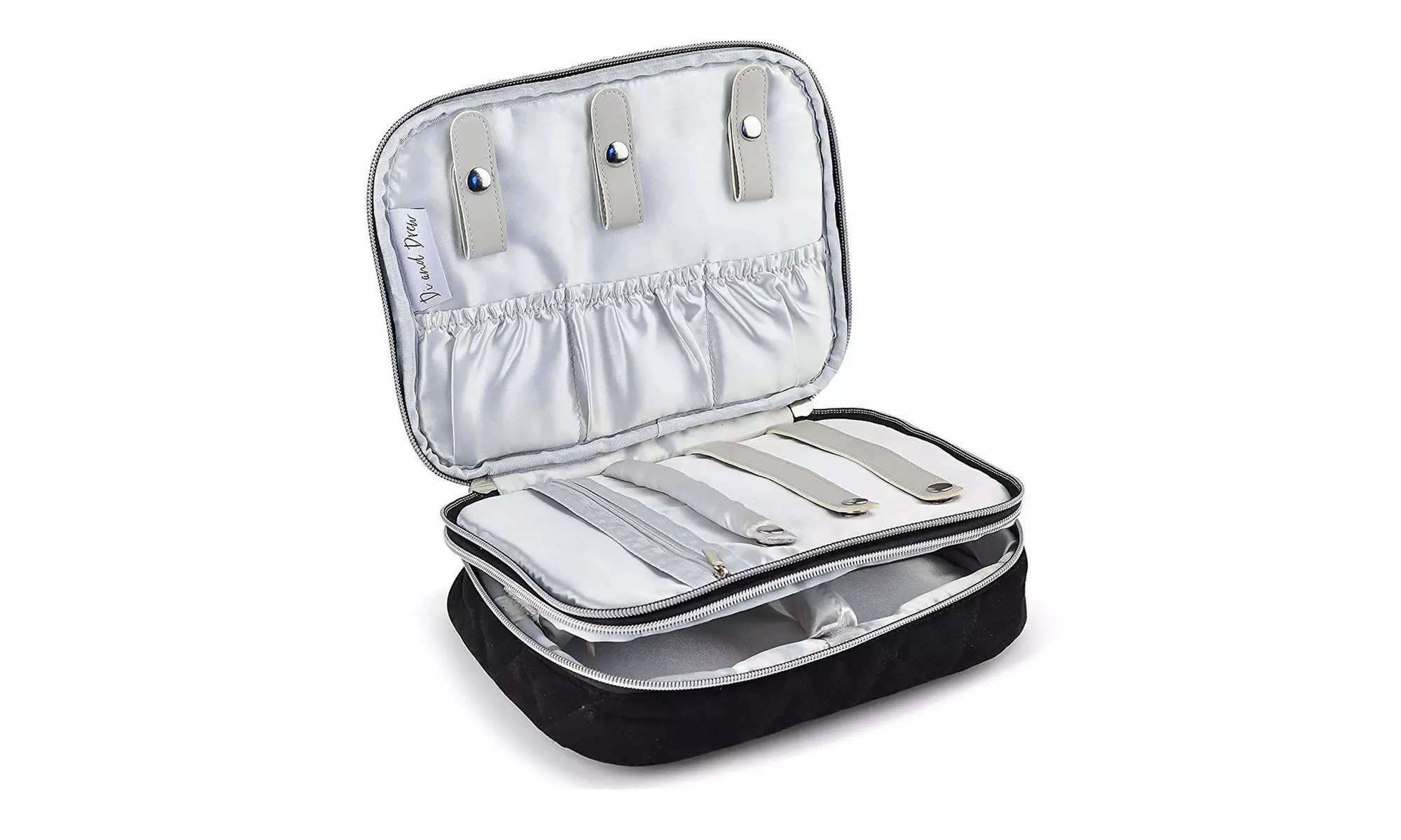 Di and Drew Double Layer Quilted Velvet Travel Jewelry Case Organizer, Black - Primary Image