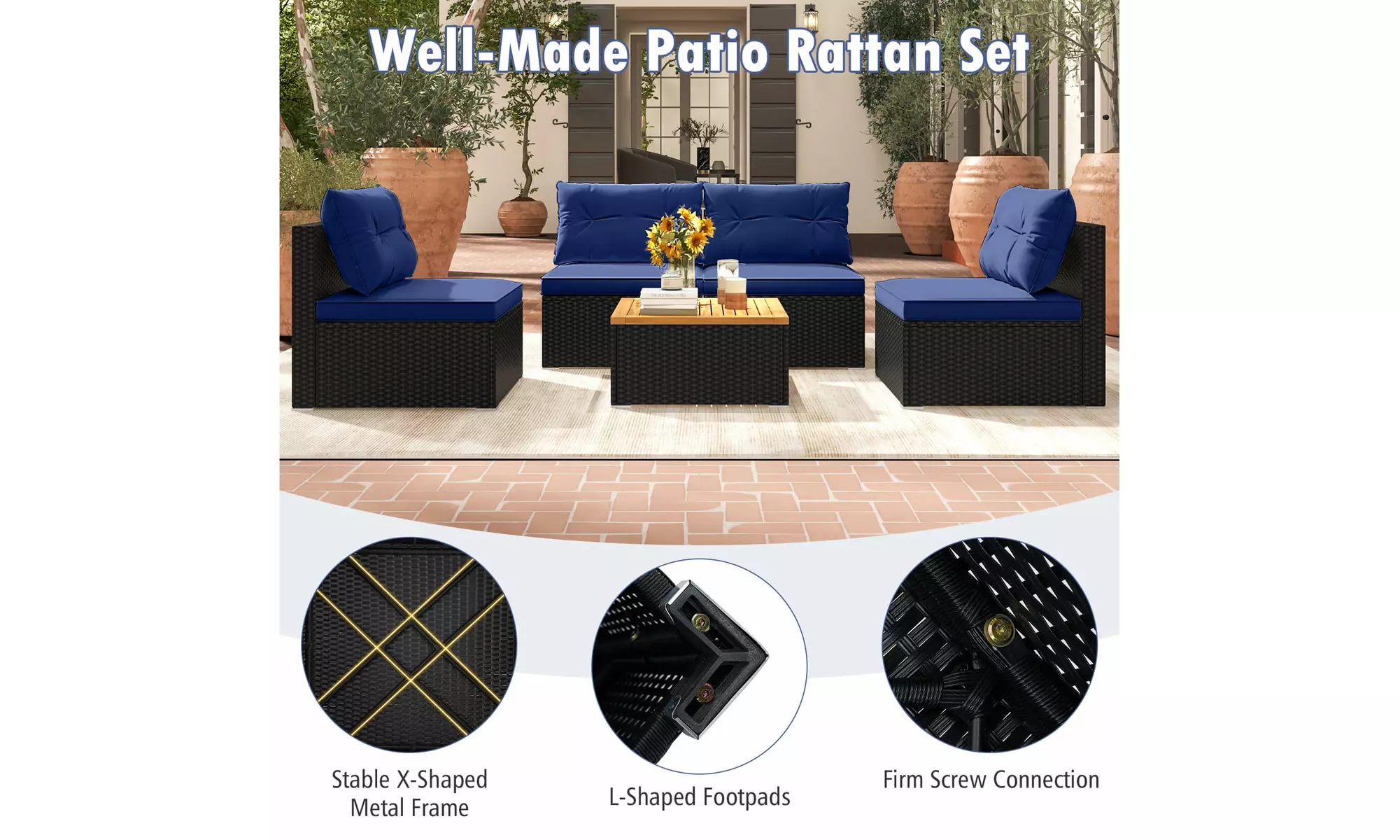 5 Piece Patio Rattan Furniture Set Acacia Wood Table Top Sofa Cushion Deck