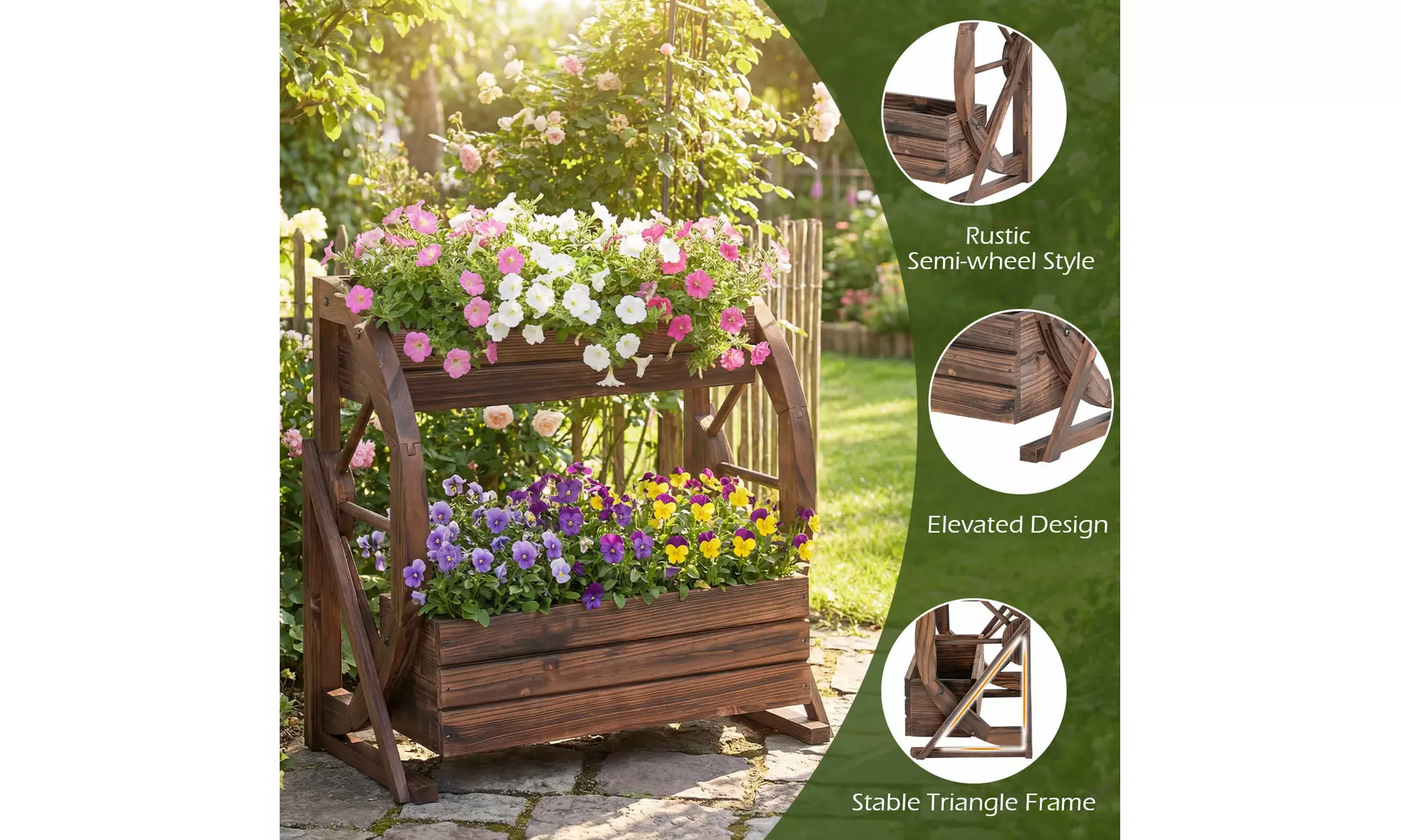 Costway 2-Tier Rustic Wooden Wagon Planter Box with Drainage Holes