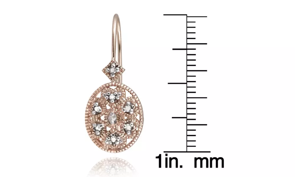 18K Rose Gold over Silver Diamond Filigree Oval Leverback Earrings - Second Medium