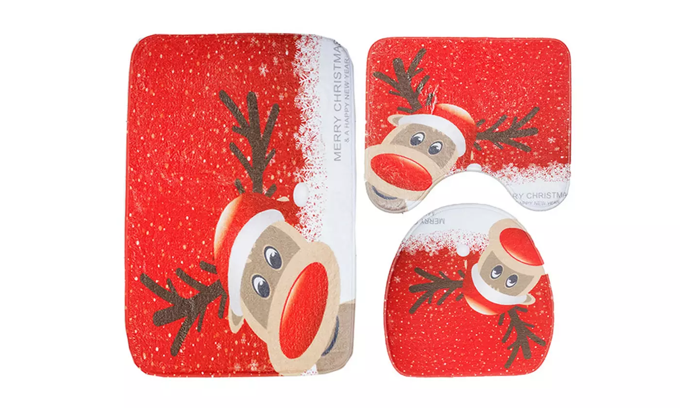 3pcs Christmas Toilet Seat Cover Rug Set Santa Claus Bathroom Mat Xmas Decor