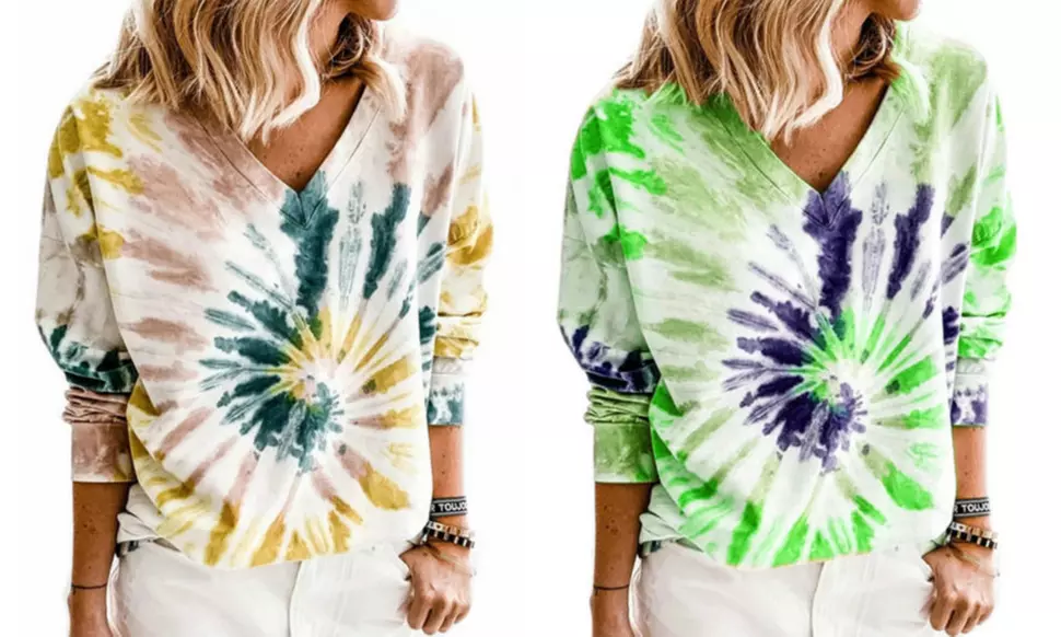 Women's Tie Dye V-Neck Long Sleeve T-Shirt Loose Fit Casual Tee Tops Pullover - Primary Image