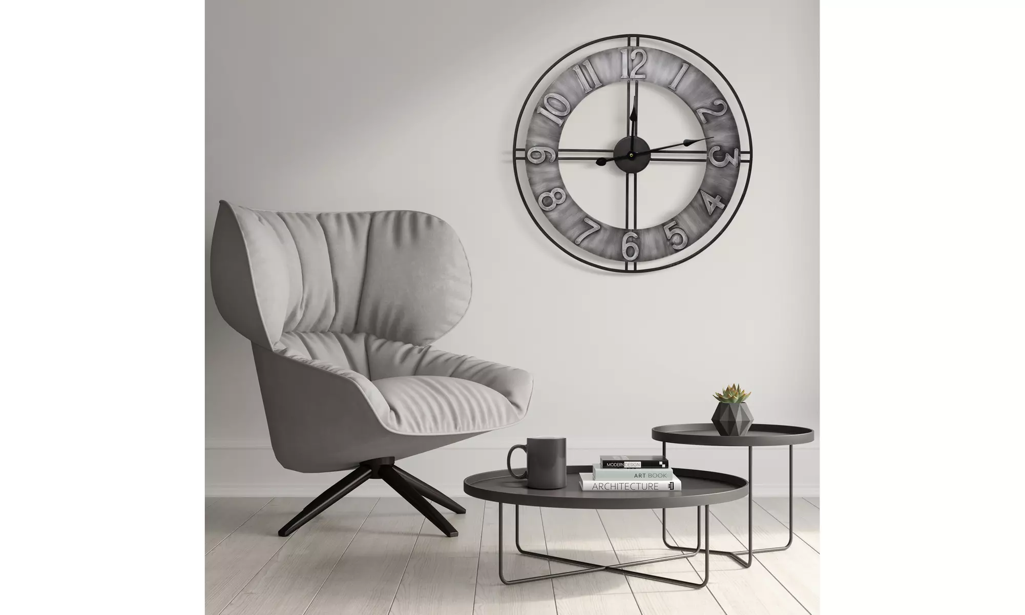Decorative Large Gray Metal Wall Clock for Living Room Décor - Modern and Chunky