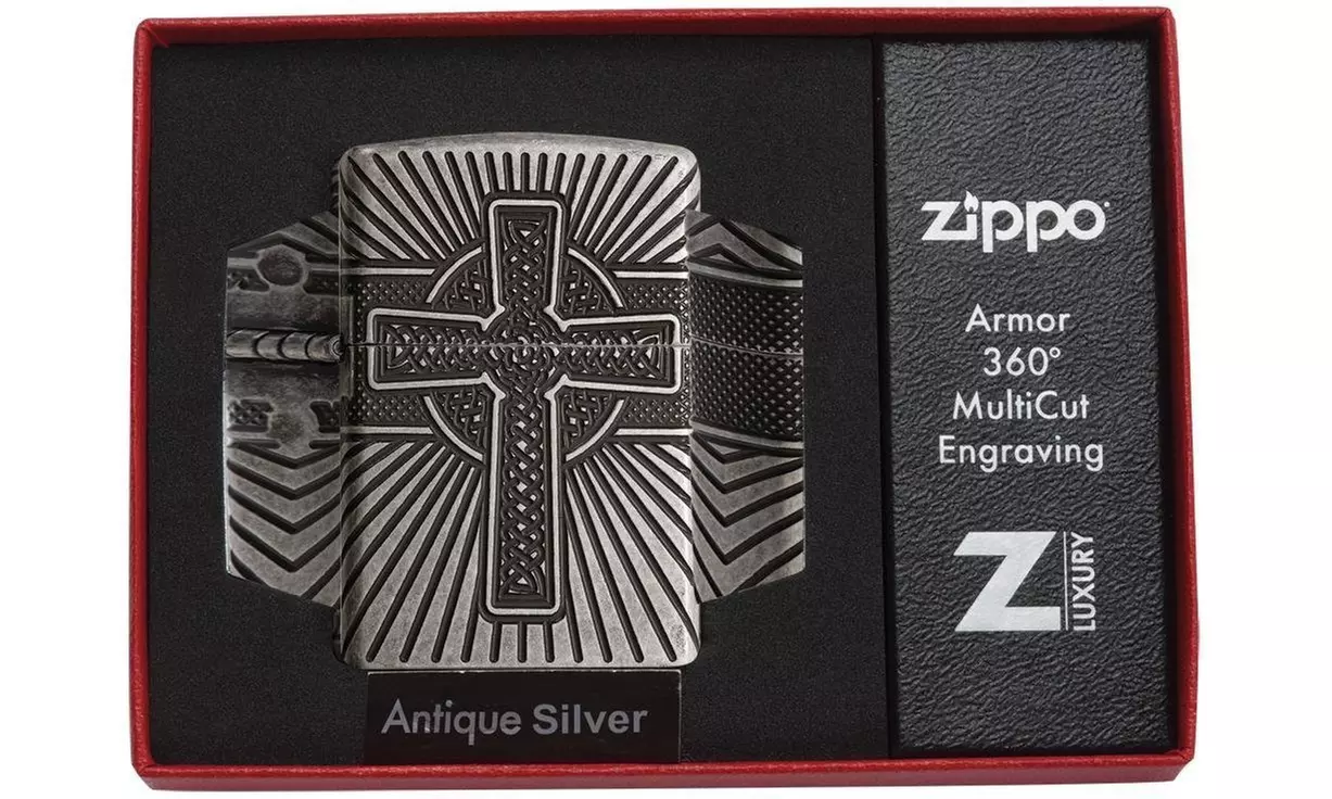 Zippo Armor Celtic Cross Design, Antique Silver Lighter, 360 Engraving  - Second Medium