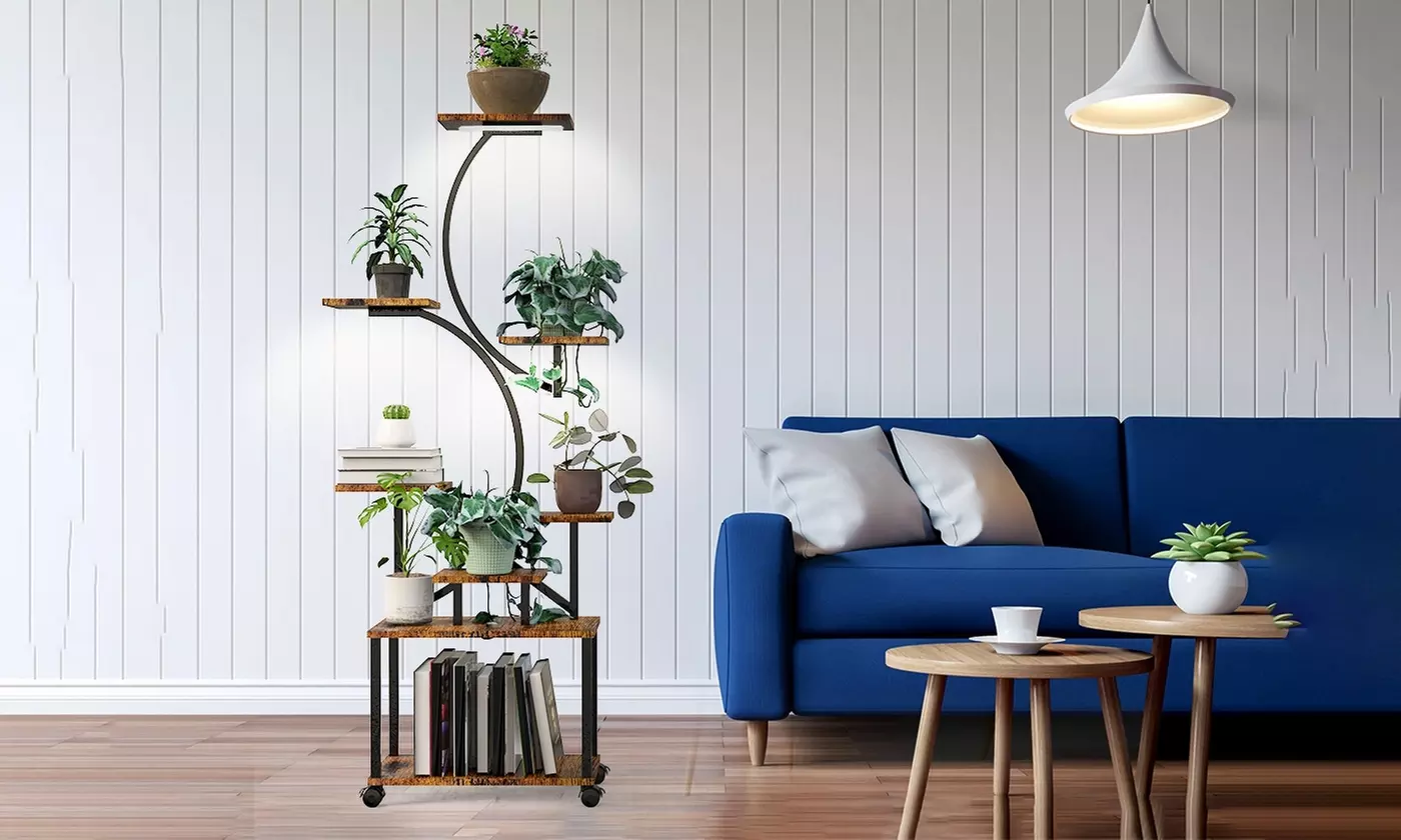 iMounTEK 8-Tier S-Shaped Metal Plant Stand with Grow Lights & Rolling Wheels