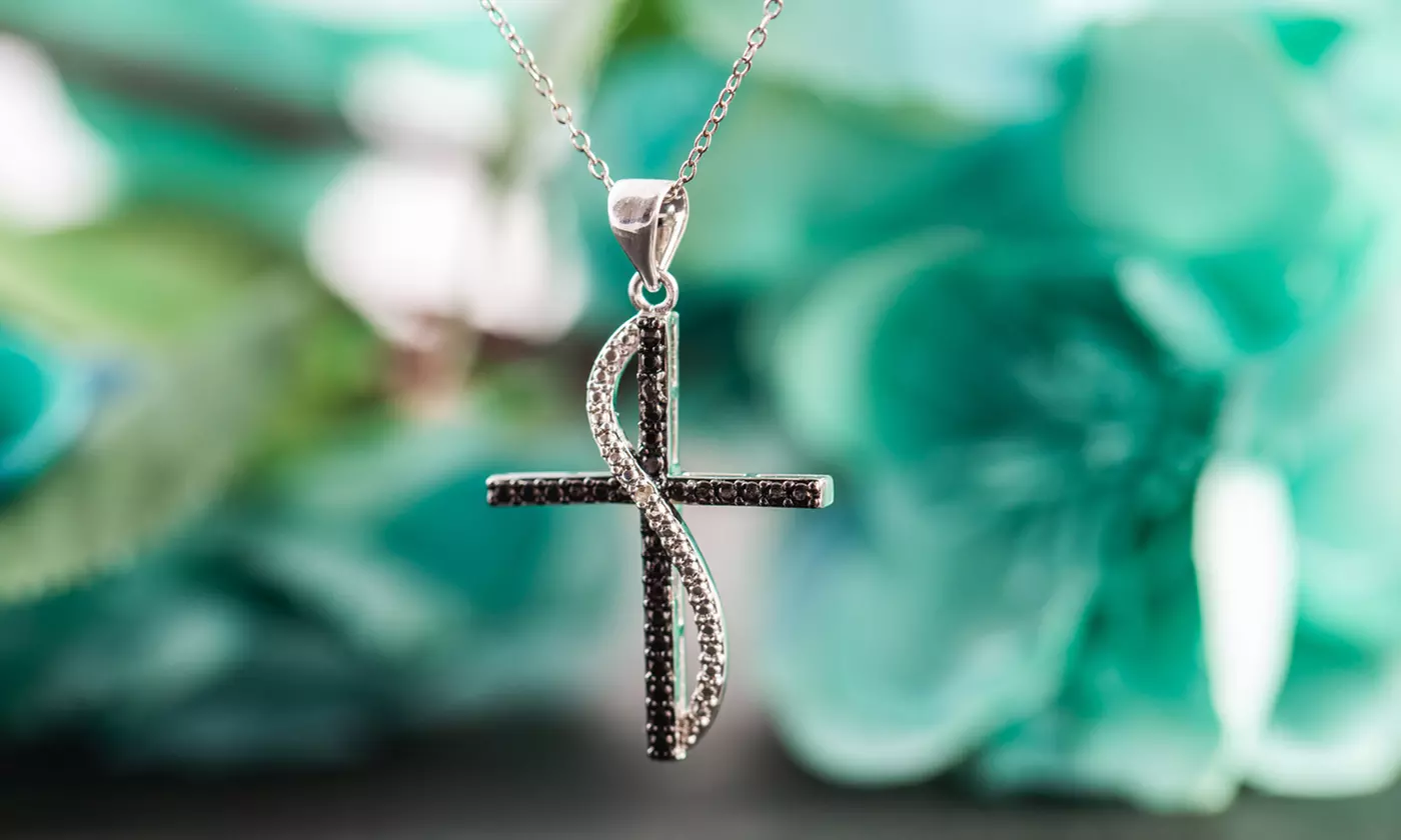 18k Black and White Diamond Accent Cross Pendant Necklace - Primary Image