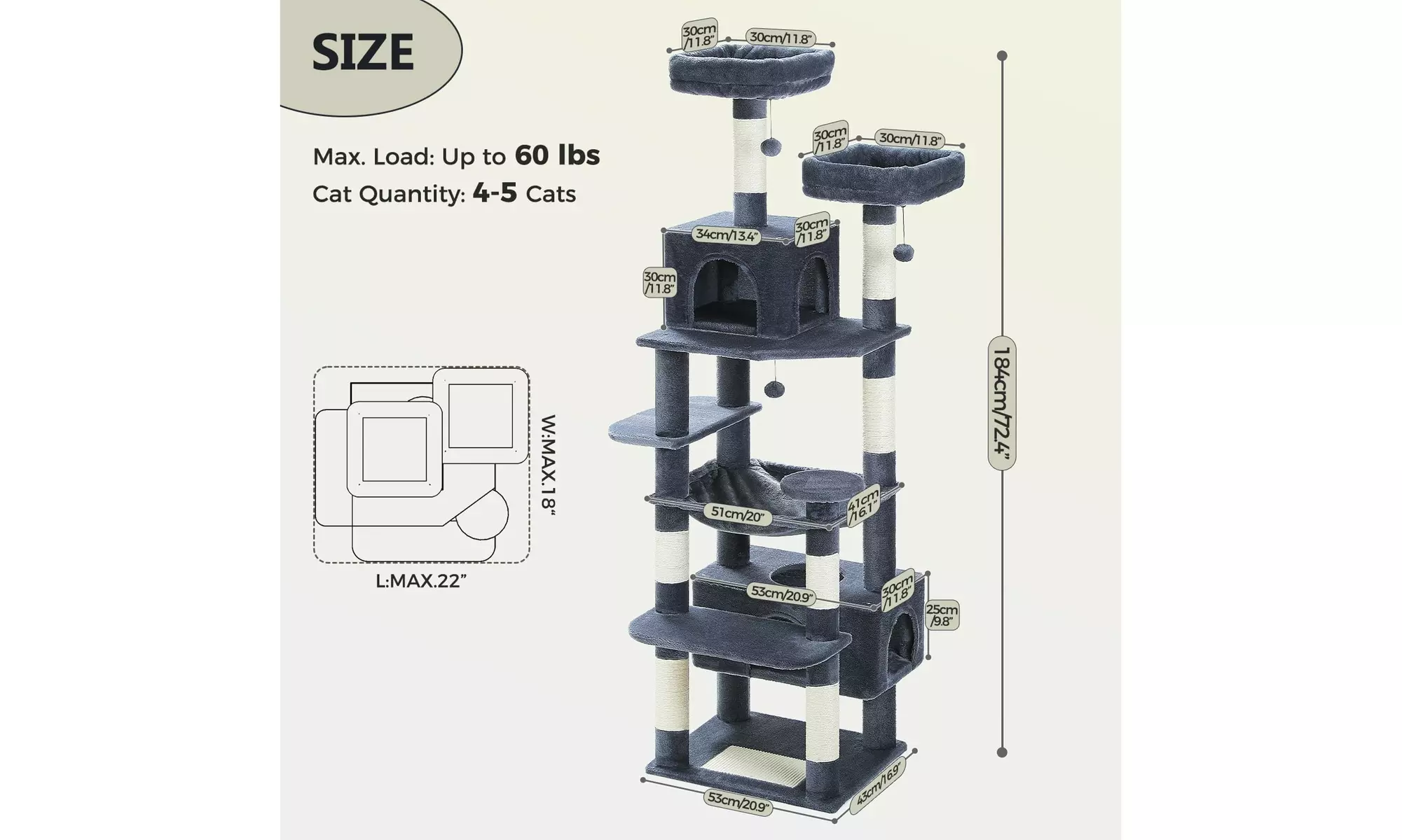 72" Cat Tree for Large Cats with Condo, Hammock and Scratching Posts