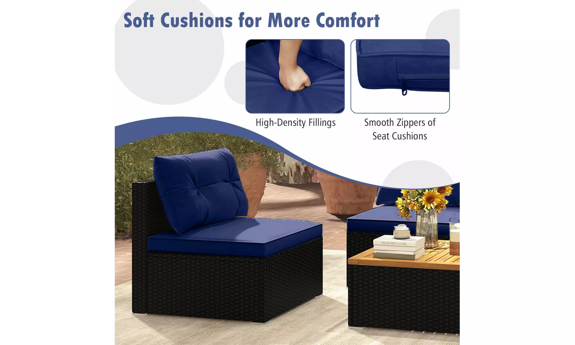 5 Piece Patio Rattan Furniture Set Acacia Wood Table Top Sofa Cushion Deck