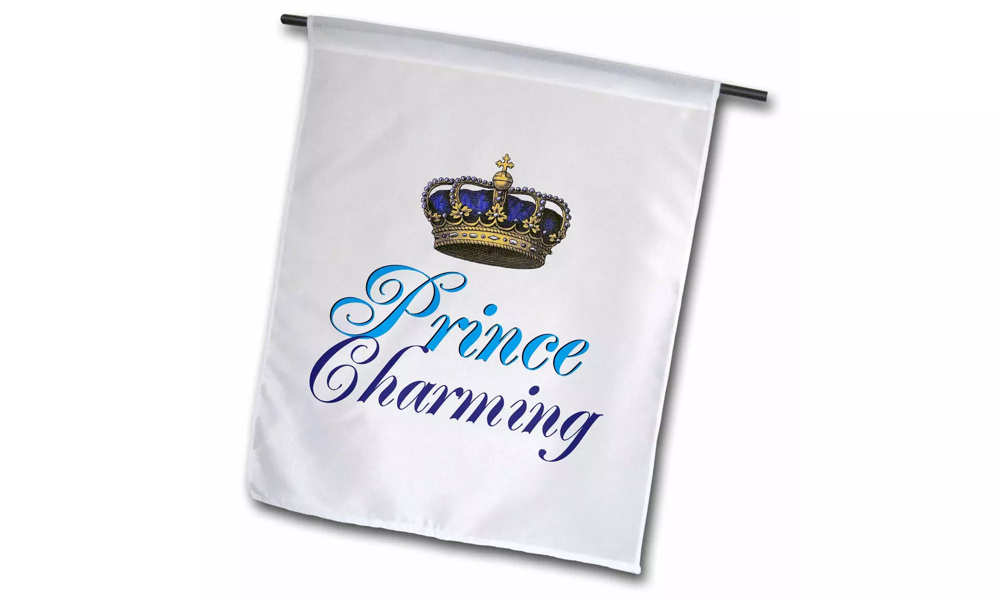 Garden Flag Prince Charming royal blue cursive script text with gold crown - Primary Image