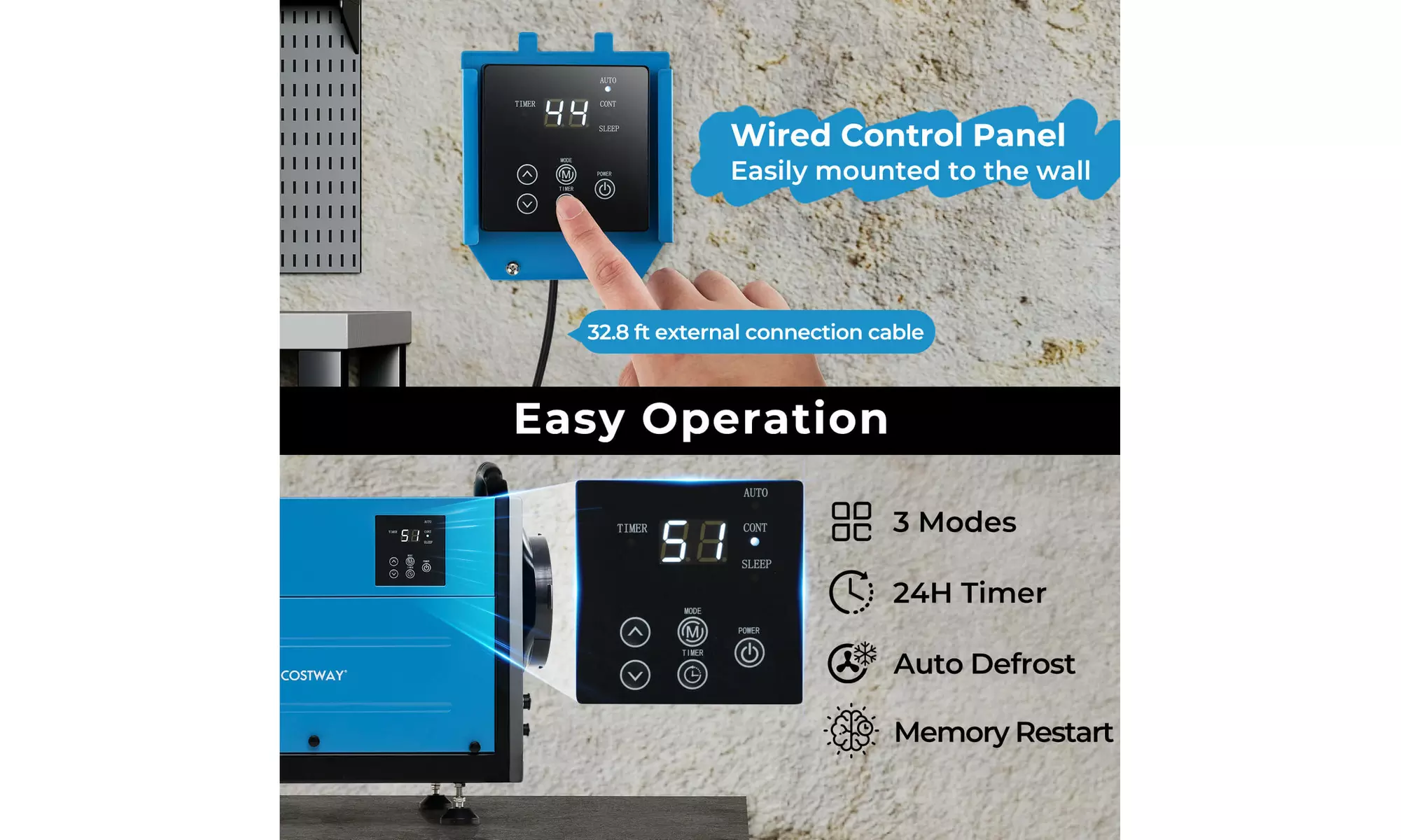 Costway Crawl Space Dehumidifier Commercial Dehumidifier w/ 3 Modes & 24H Timer