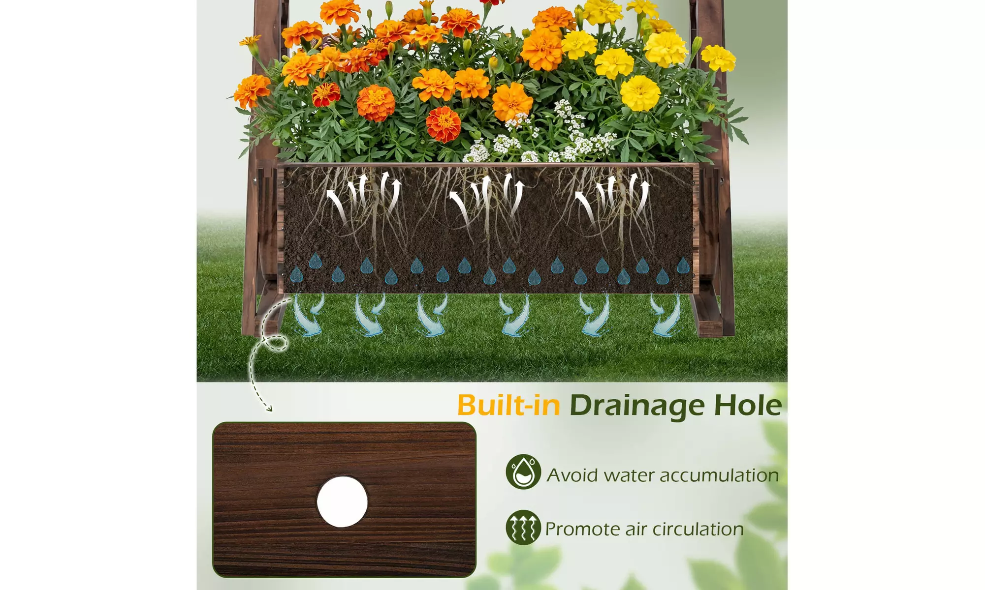 Costway 2-Tier Rustic Wooden Wagon Planter Box with Drainage Holes