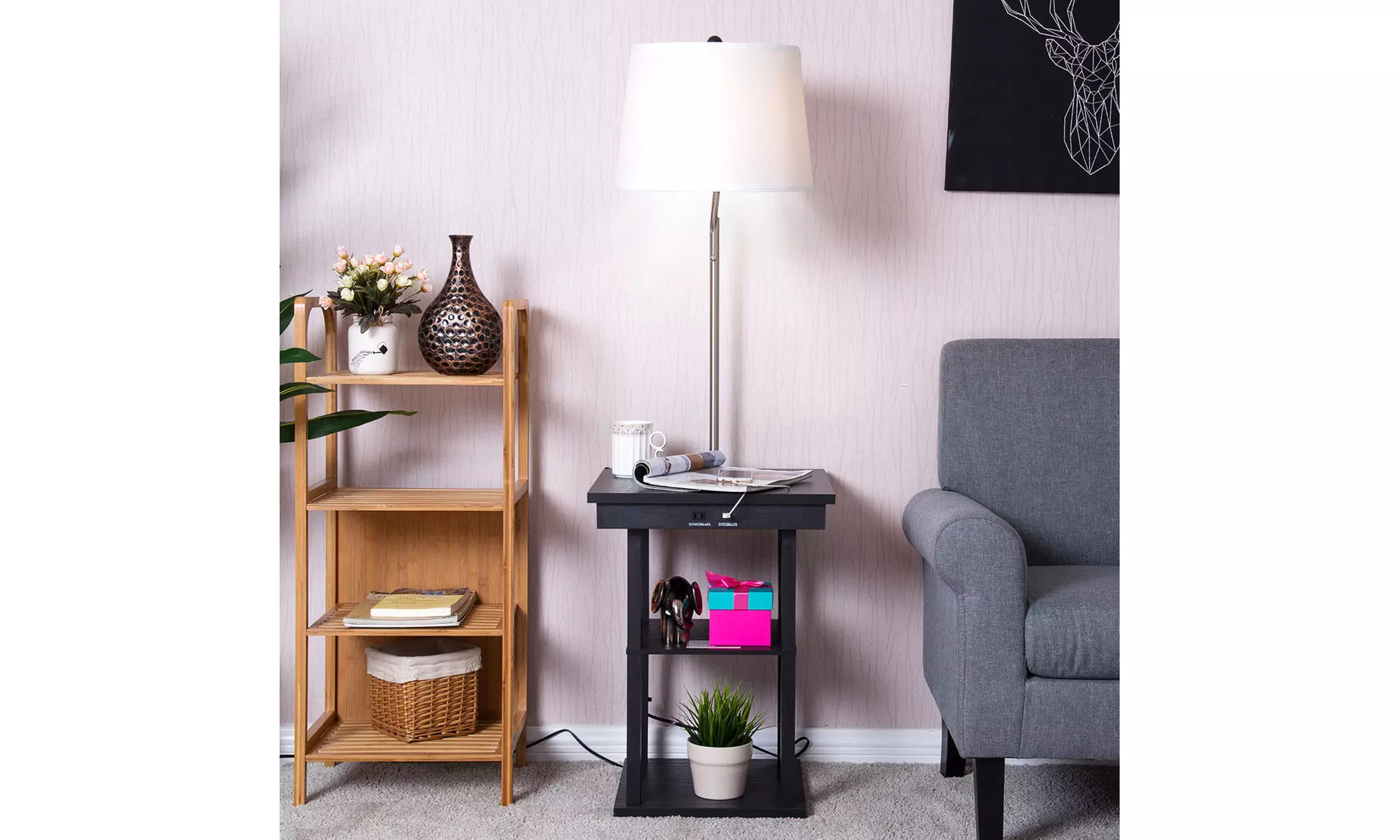 Floor Lamp Swing Arm Lamp Built In End Table w/ Shade 2 USB Ports Living Room - Primary Image