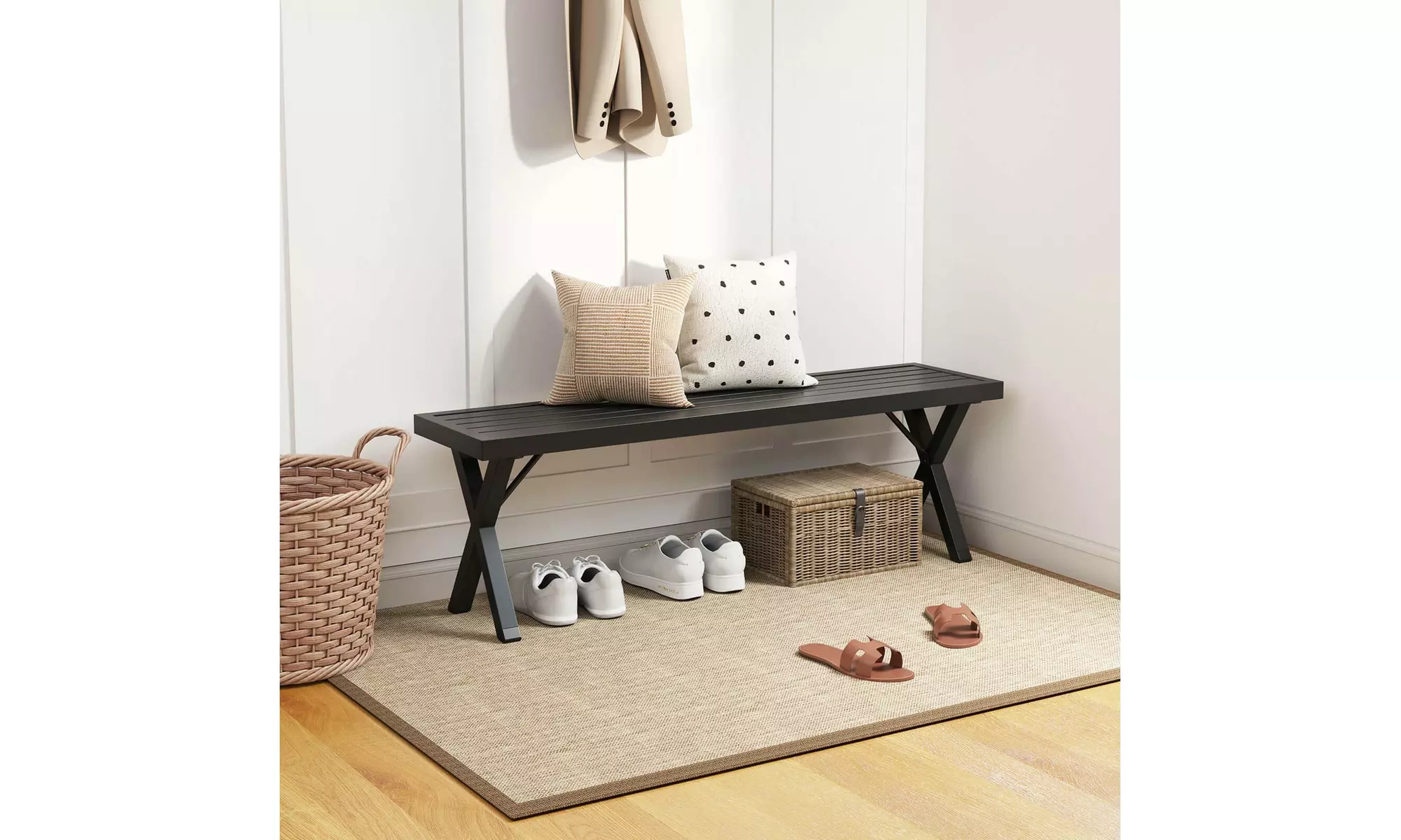 Costway 54 Inch Patio Metal Bench with Slatted Seat and X Legs Backless Loveseat