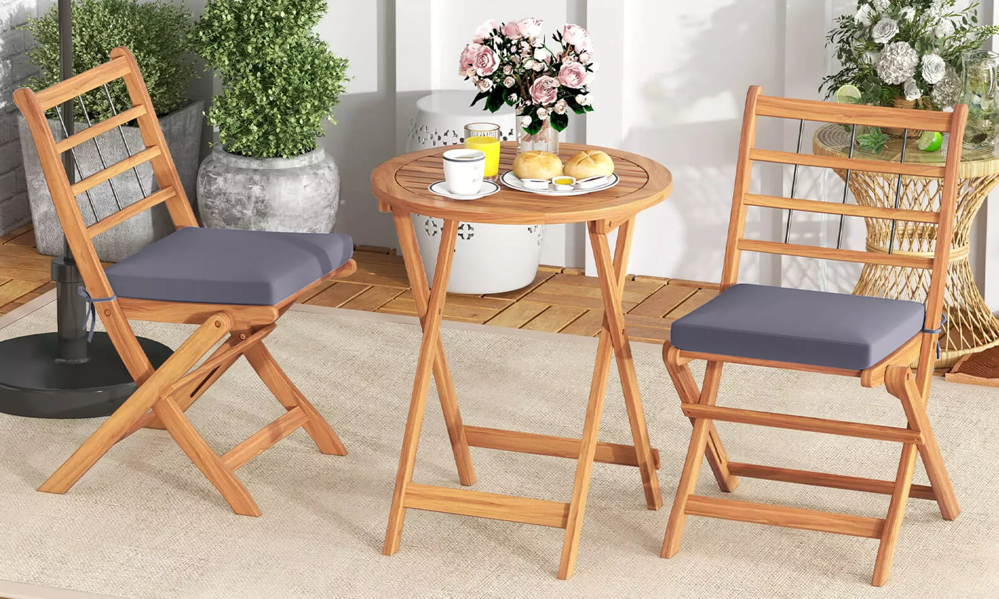 Costway 3 PCS Acacia Wood Patio Bistro Set Folding Outdoor Table and Chairs