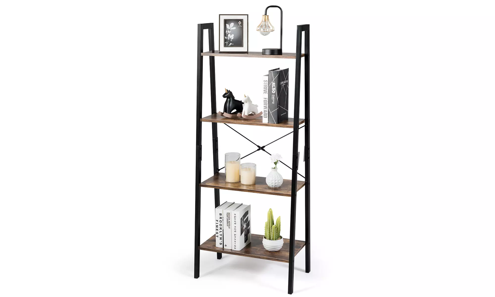 COSTWAY 4-Tier Ladder Shelf Ladder Bookcase Bookshelf Display Rack Plant Stand - Primary Image