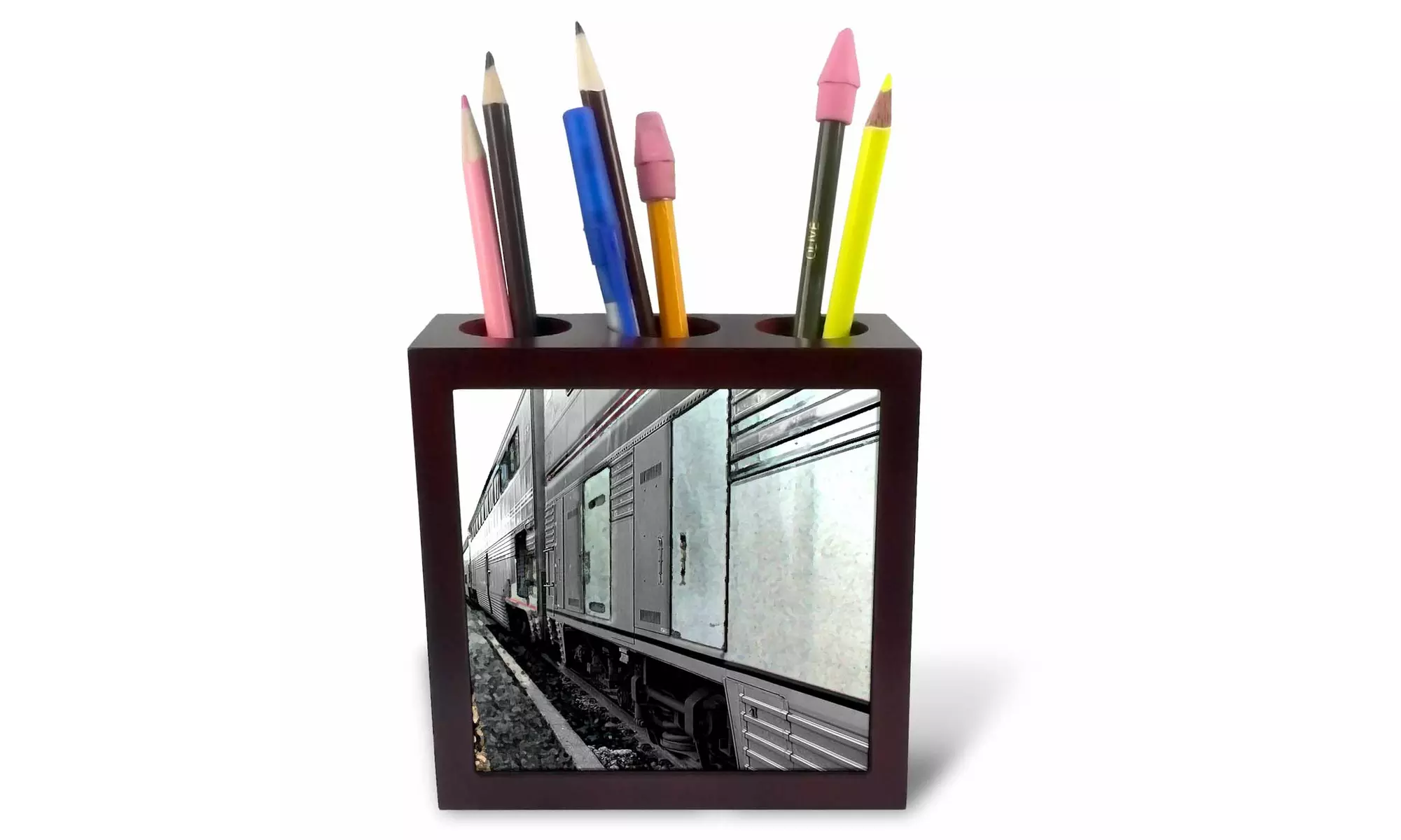  Tile Pen Holder - A Passenger Train In Black and White with Bits of Mint Color - Primary Image
