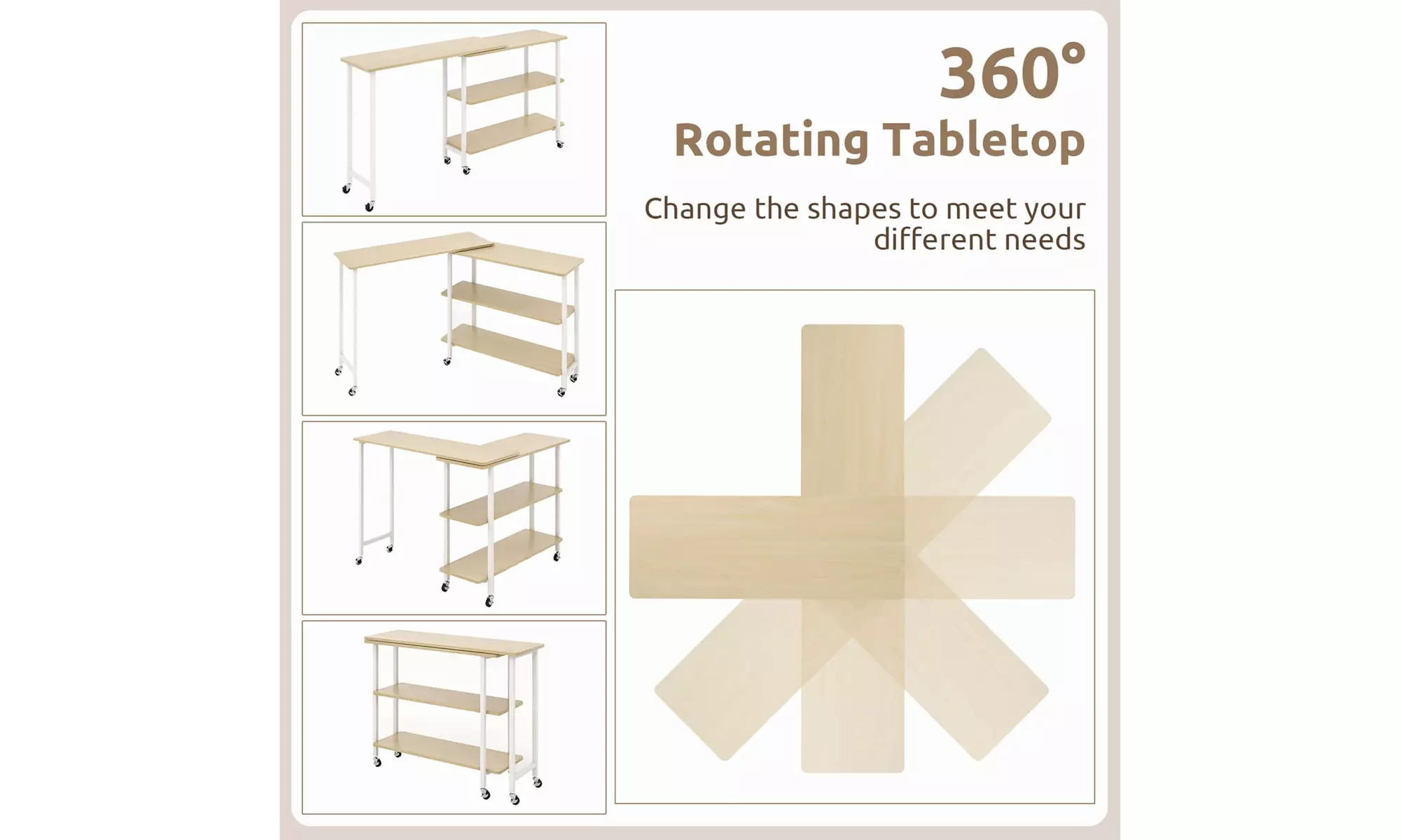 Costway 360-degree Rotating L-Shaped Sofa Side Table with Shelf