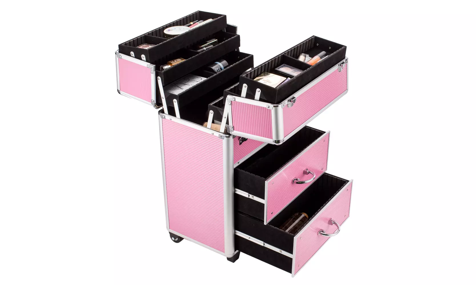 4 Tier Lockable Cosmetic Makeup Train Case with Extendable Trays Pink  - Primary Image
