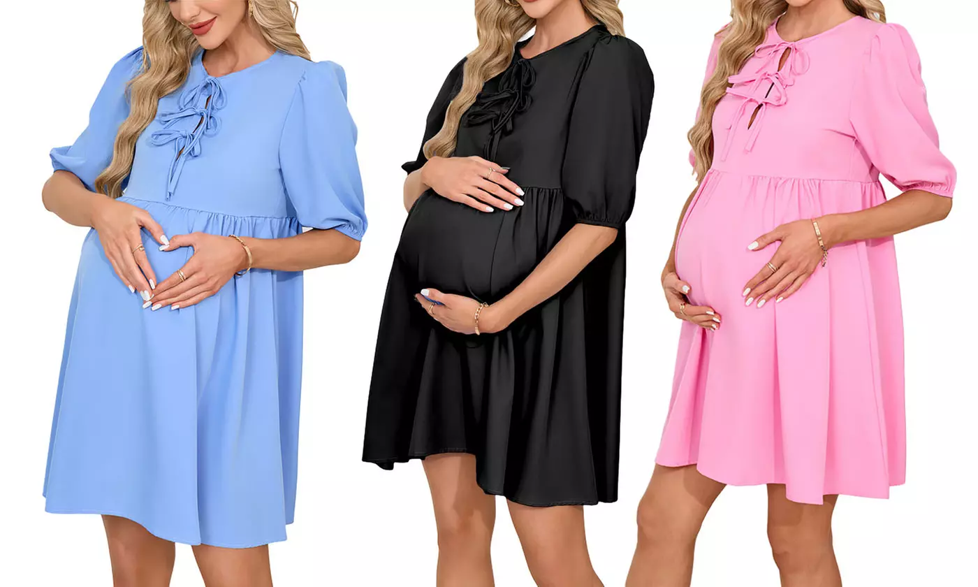 Bow-Front Maternity Dress Puff Sleeves Flowy A-Line Skirt Baby Shower Dress