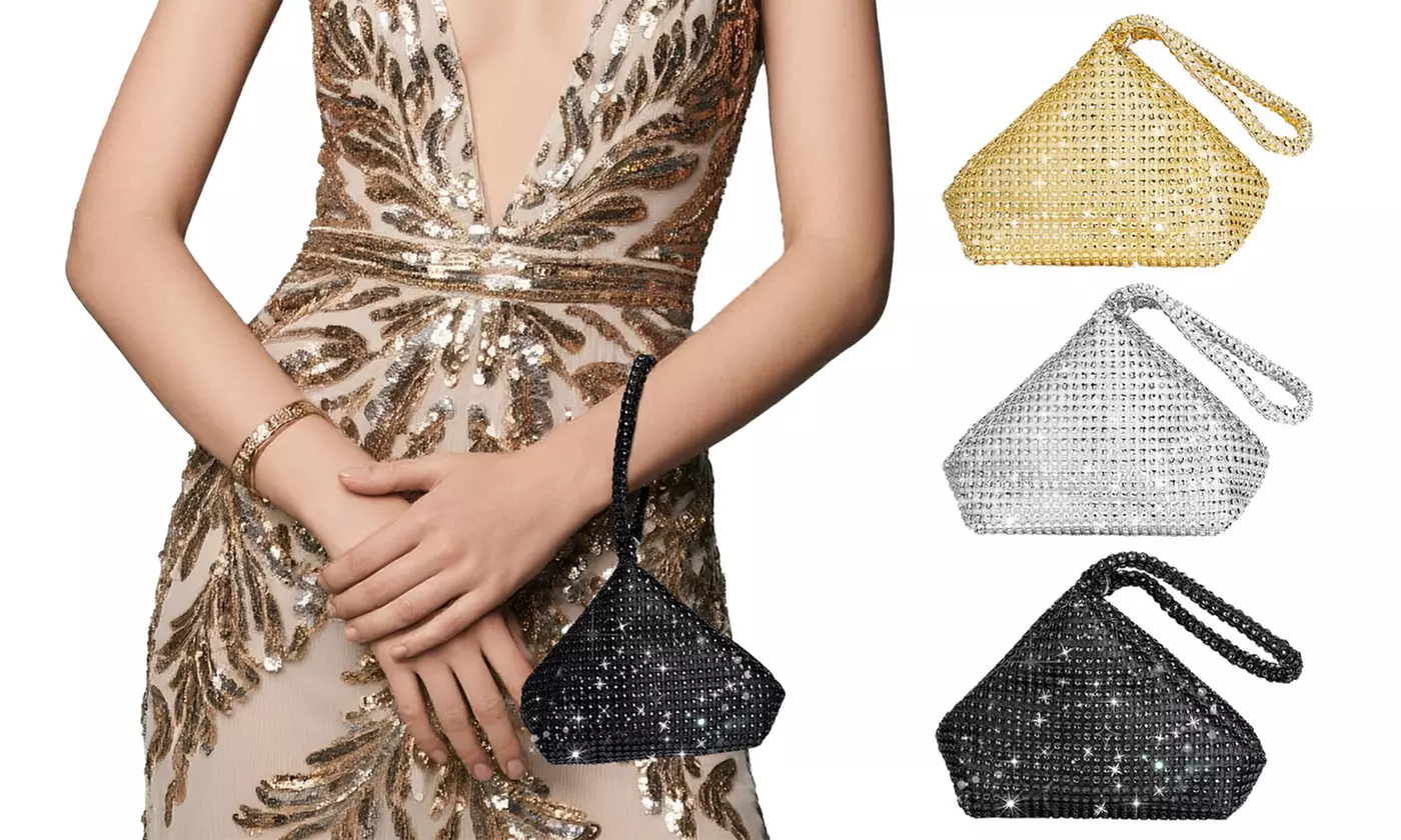 Rhinestone Clutch Bag Sparkly Triangle Purse (Black, Silver & Gold)