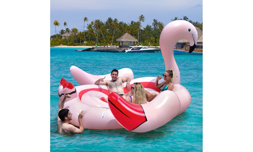 Image 3: 6-Person Inflatable Island Party Floating Flamingo with Electric Pump