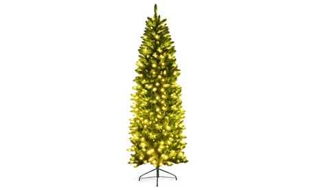 Costway 7Ft Pre-lit Artificial Pencil Hinged PVC Christmas Tree/350 LED Lights