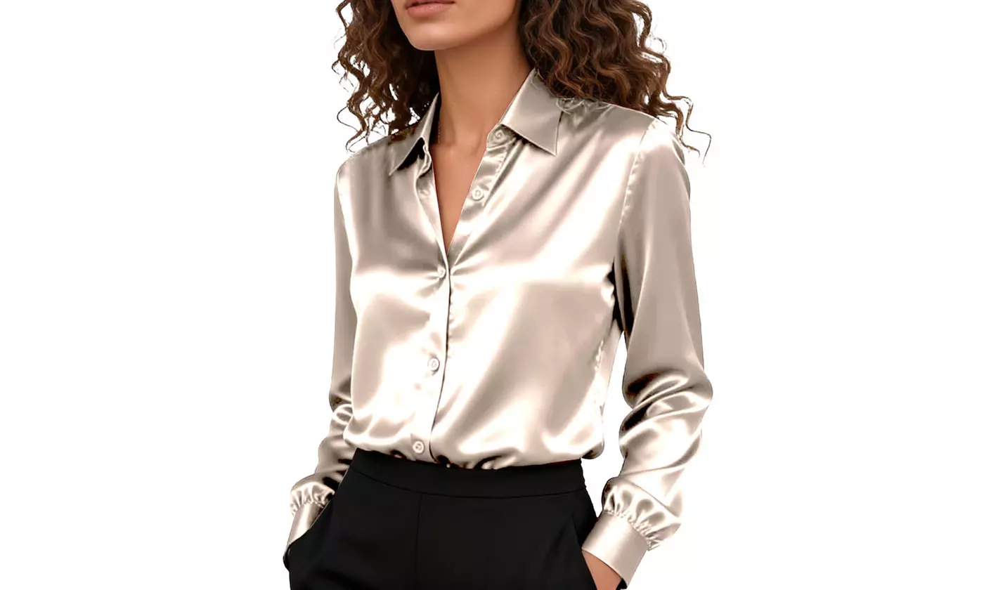 Women's Satin Button-Down Shirt Wrinkle-Free Soft Long Sleeve Blouse
