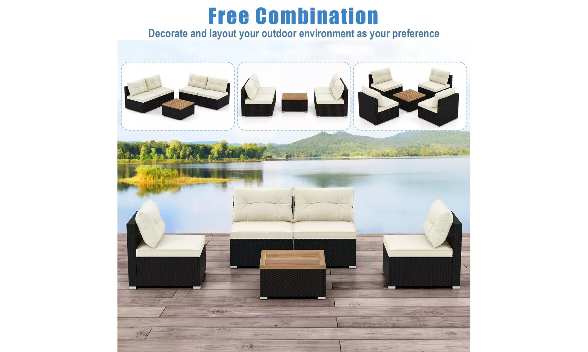 5 Piece Patio Rattan Furniture Set Acacia Wood Table Top Sofa Cushion Deck