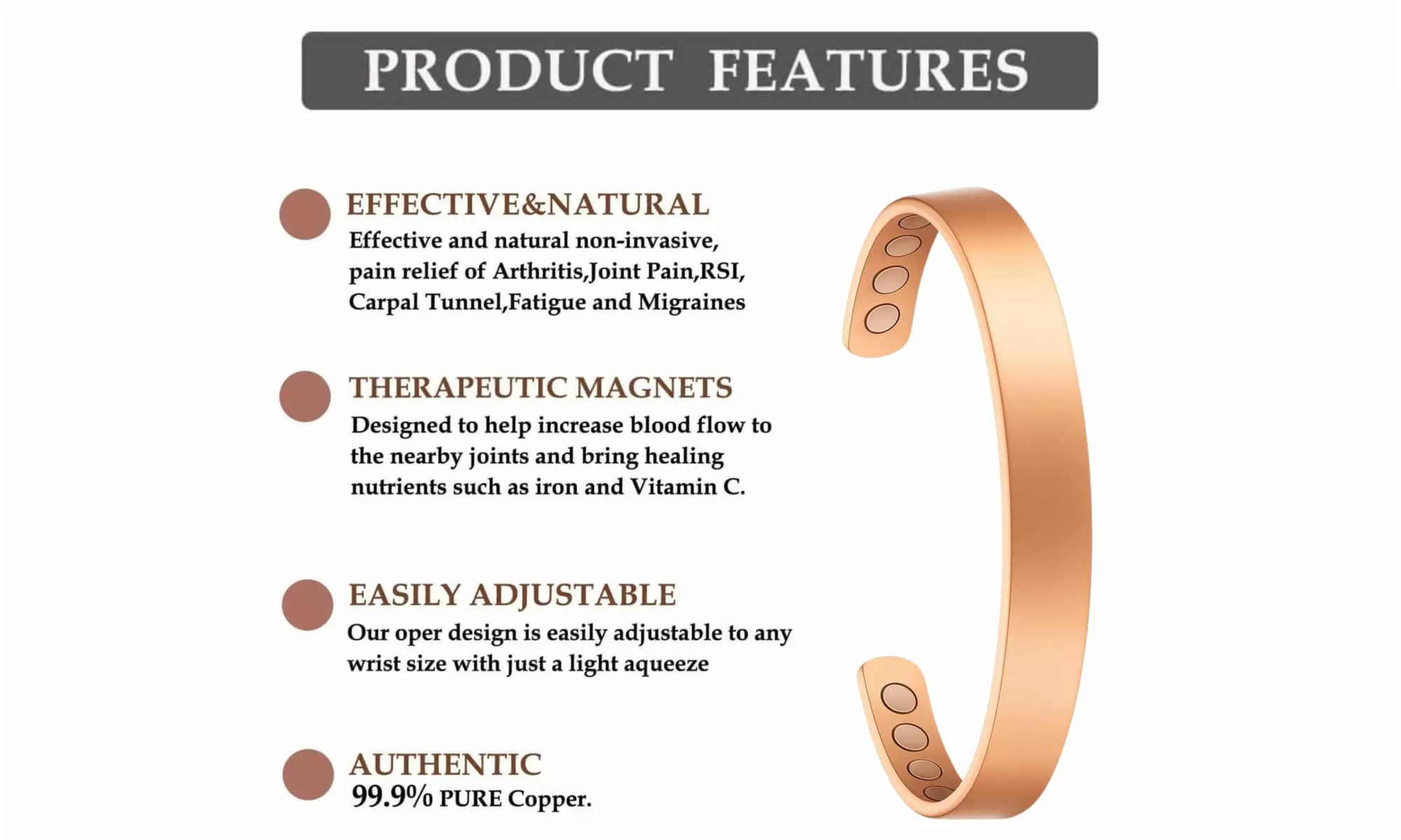 Copper Magnetic Therapy Bracelet - Durable Copper Healing Energy Band