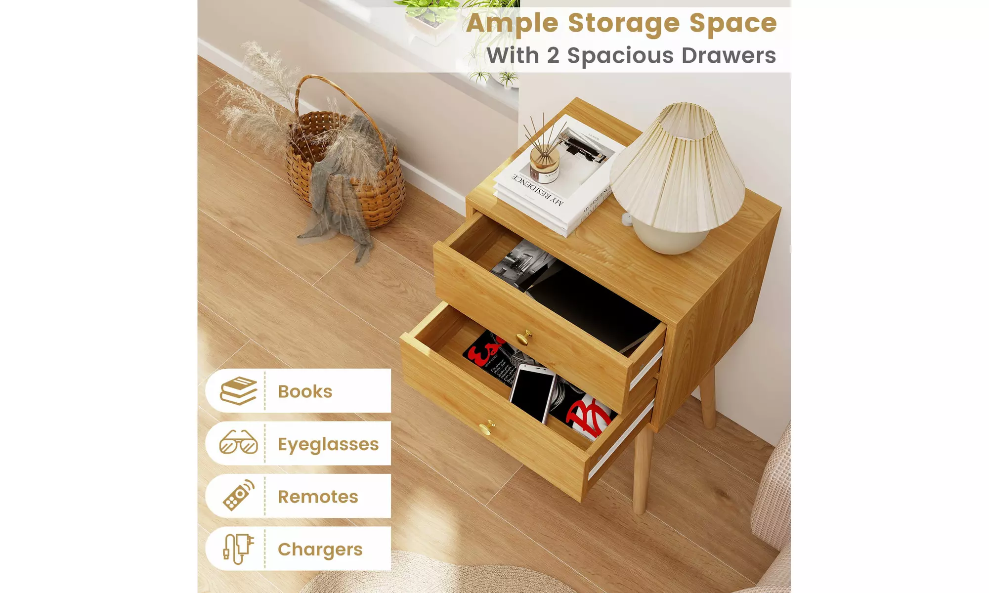 Mid Century Modern 2 Drawers Nightstand Natural Sofa Side End Table 