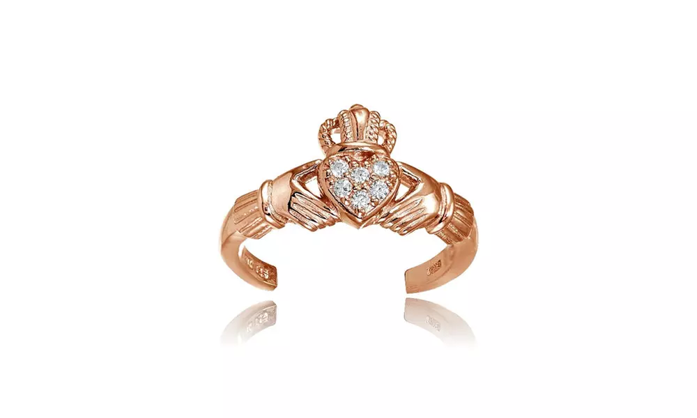 Rose Gold Flashed Sterling Silver Cubic Zirconia Claddagh Toe Ring