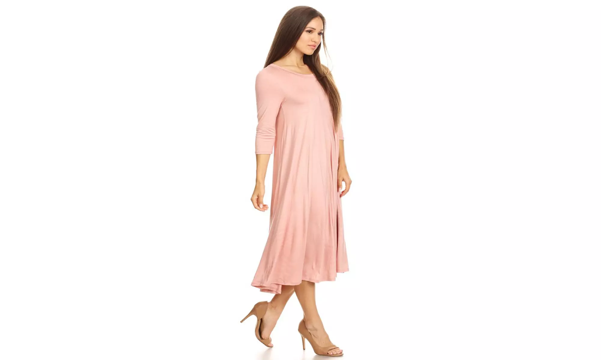 Women's Solid Casual Comfy 3/4 Sleeve Loose Fit A-line Midi Dress