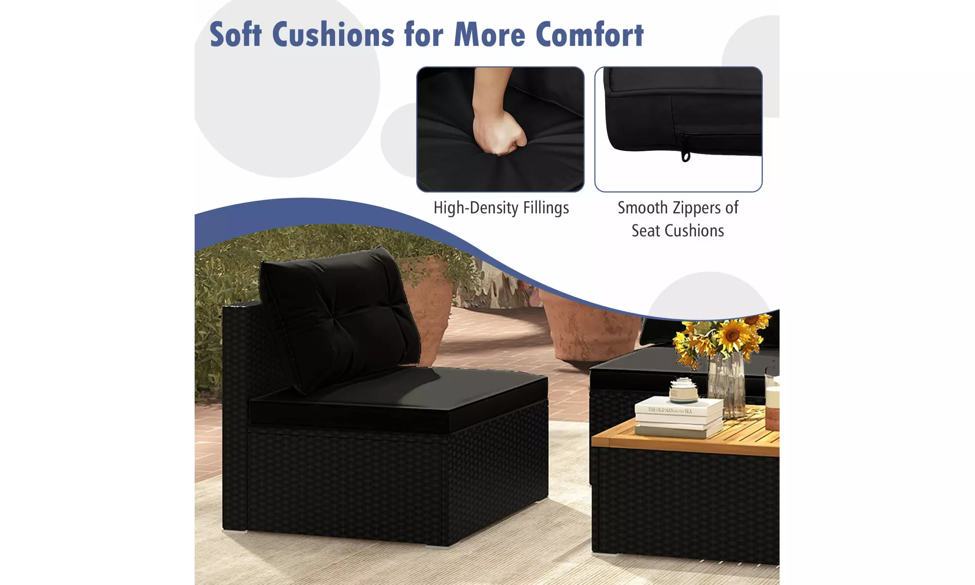 5 Piece Patio Rattan Furniture Set Acacia Wood Table Top Sofa Cushion Deck