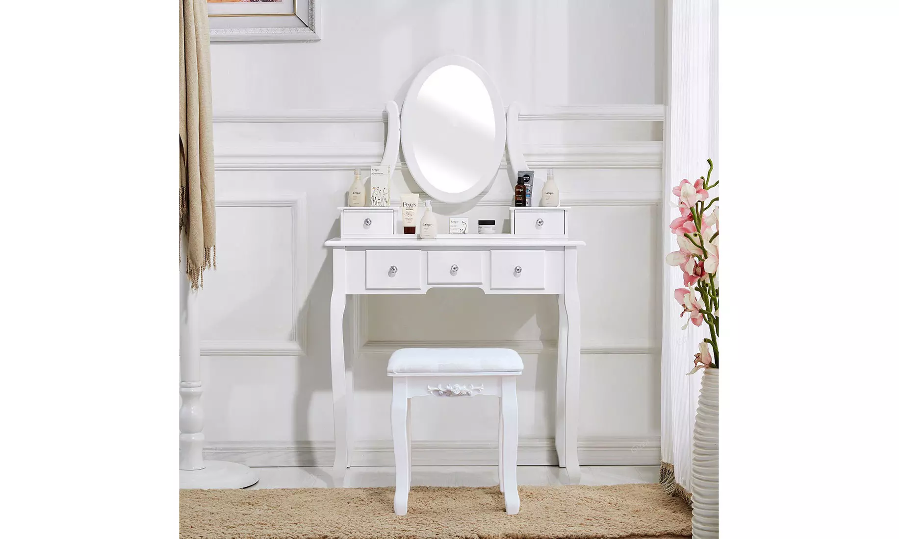 360 Rotation Single Mirror 5 Drawers Dressing Table White - Primary Image