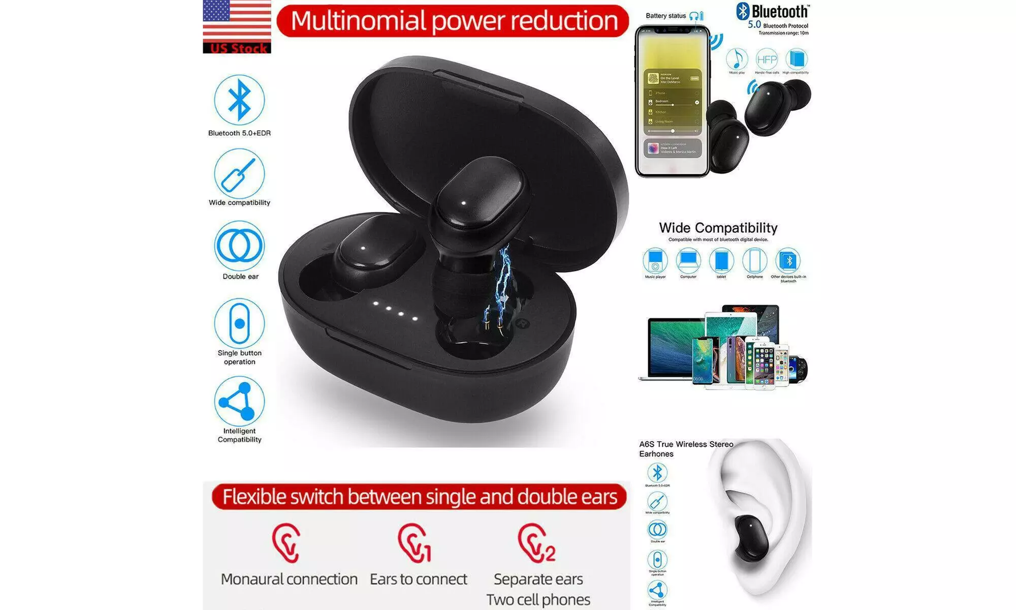 New A6S TWS Stereo Airdots Headset Bluetooth 5.0 Earphone Headphone Earbuds - Primary Image