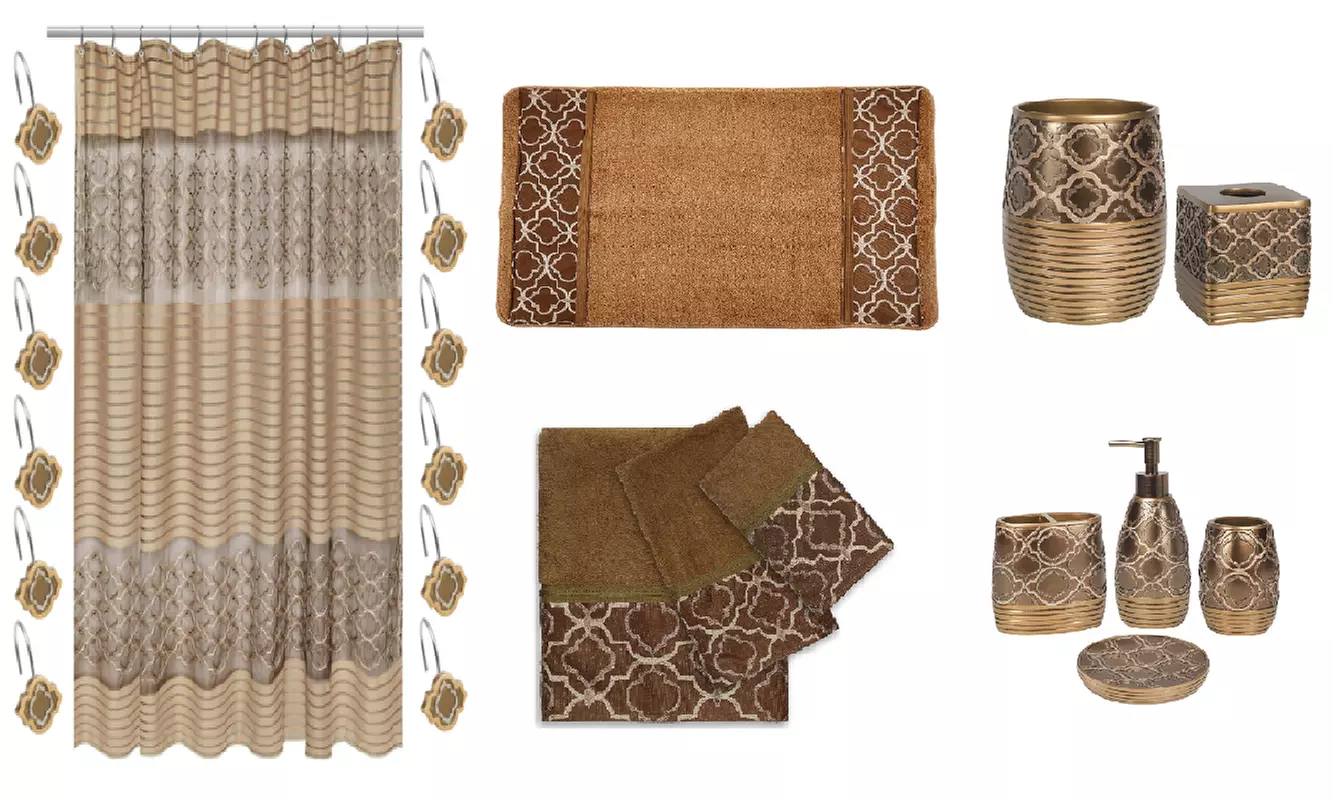 Zahari Home Spindle: 4Pc Bath Set, Shower Curtain with 12 Hooks & More! - Primary Image