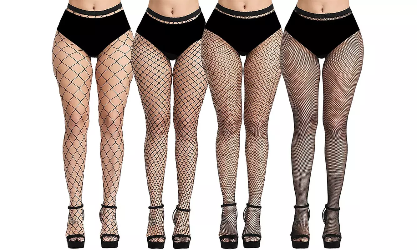 4 Pairs Women's High Waisted Tights Fishnet Stockings Thigh High Pantyhose