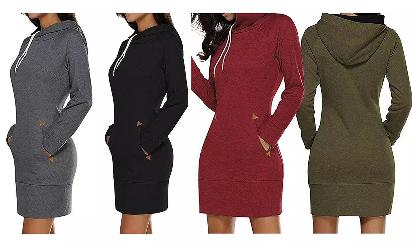 Women Slim Long Hoodie Tunic Sweatshirt Dresses Zipper Pullover with Pocket - Primary Image