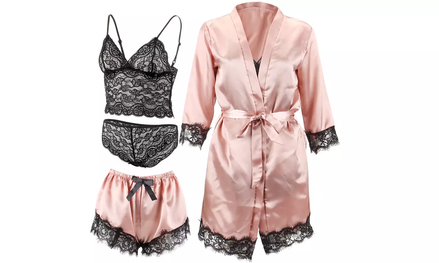 Women's Sexy Lingerie Pajamas Satin Silk Lace Sleepwear Lingerie Set with Robe