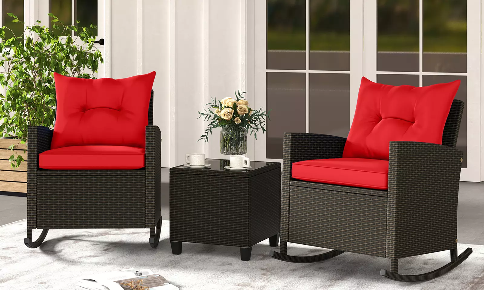 Costway 3 PCS Patio Wicker Rocking Set with Tempered Glass Table & Soft Cushions