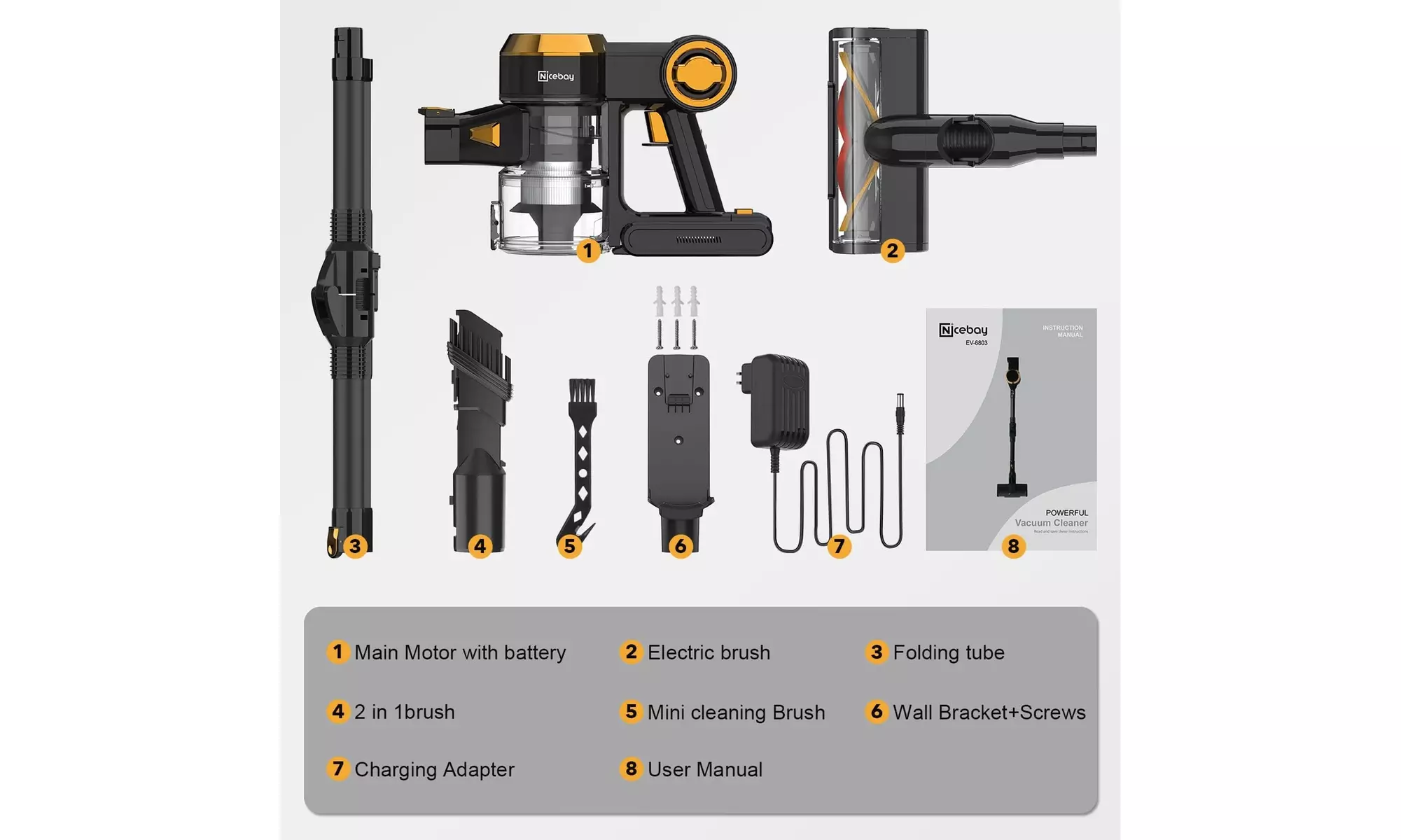Nicebay EV-6803 Cordless 25Kpa Brushless Cordless Stick Vacuum (Gray) - Renewed