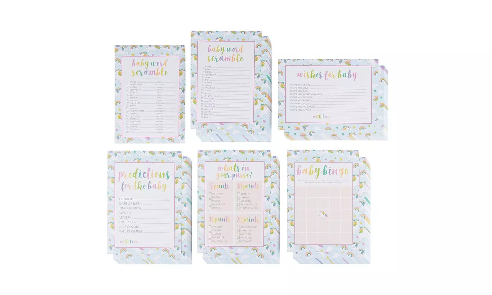 Baby Shower Game Cards Word Scramble, Bingo, Well Wishes (5 Set, 50 Sheets Each) - Primary Image