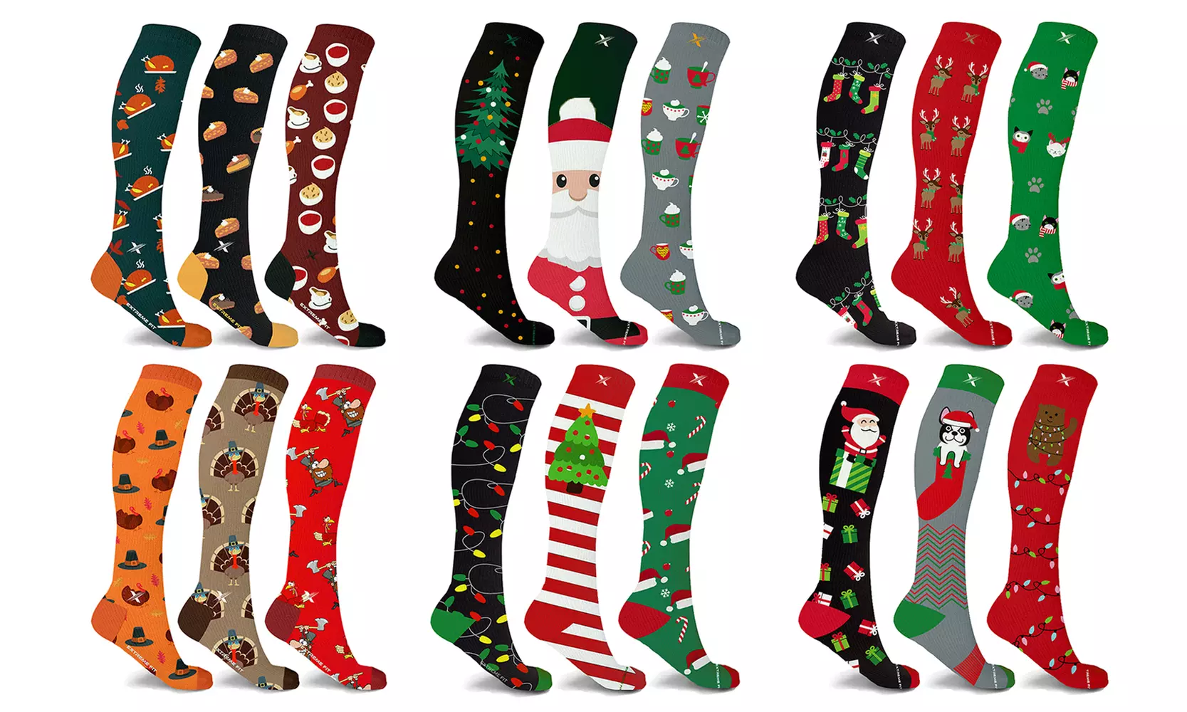 3-Pairs : Christmas or Thanksgiving Holiday Joy Knee High Compression Socks - Primary Image